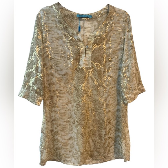 Solataire Swim Tunic Cover Up Light Snakeskin Pattern w Gold 3/4 Sleeves Size L - Picture 1 of 6